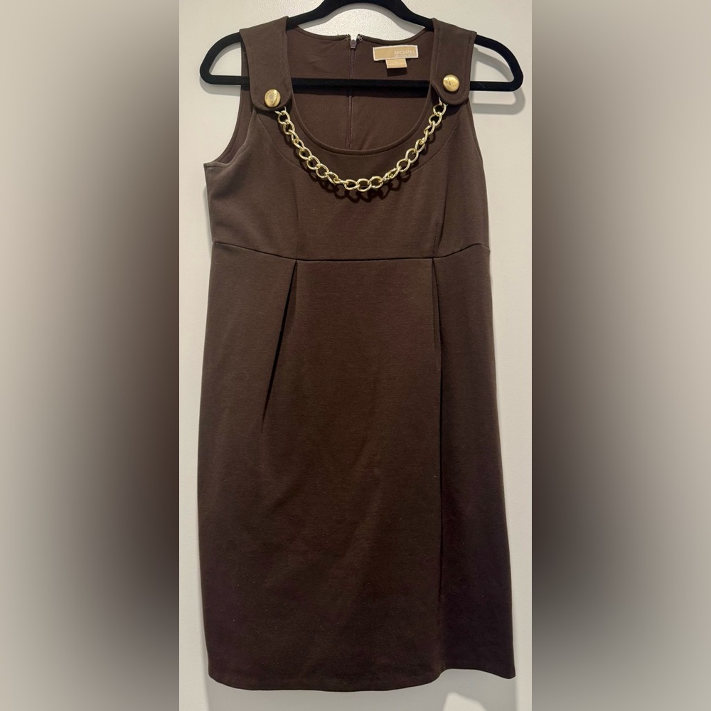 MICHAEL Michael Kors Espresso Brown Chain-Neck Shift Dress | Size 4